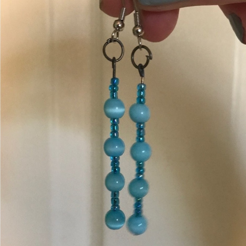 Blue Beaded Hanging Earrings - Picture 2 of 2
